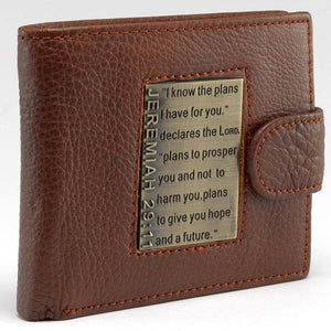 Brown Genuine Leather Wallet with Brass Scripture Verse Inlay - Jeremiah 29:11
