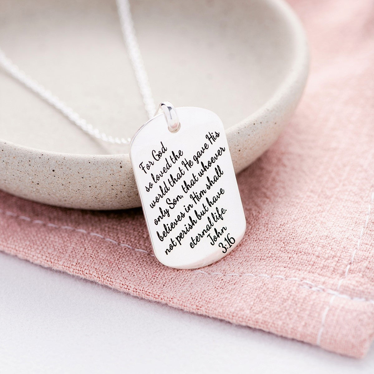 Sterling Silver Dog Tag Pendant Necklace | John 3:16 | For God So Loved The World