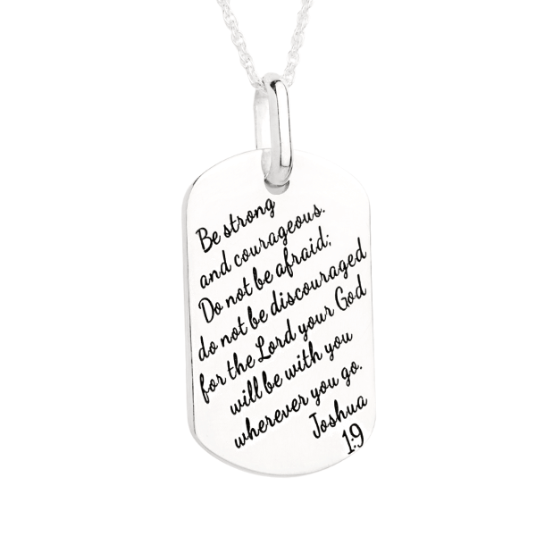 Sterling Silver Strong and Courageous Dog Tag Pendant Necklace | Joshua 1:9
