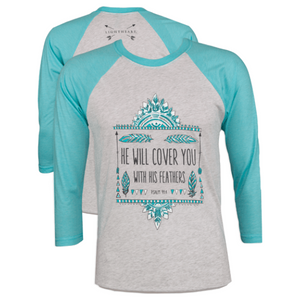 Southern Couture Christian T-Shirt | Feathers | Psalm 91:4 | Raglan 3/4 Sleeve