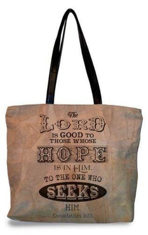 Suede Scripture Verse Tote Bag | The Lord Is Good | Lamentations 3:25