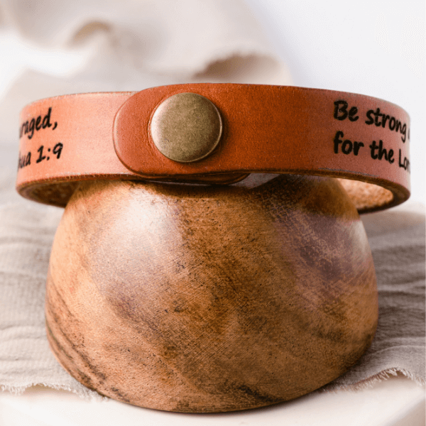 Mens brown leather bracelet engraved deals