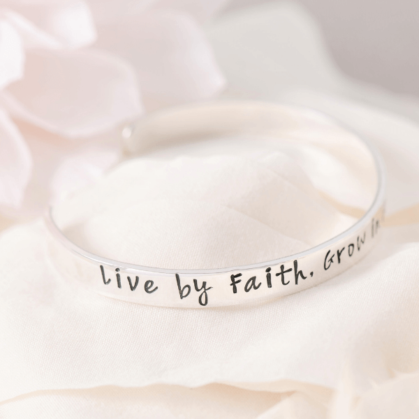 Sterling Silver Engraved Cuff Bracelet | Live by Faith, Grow in Grace, Walk in Love