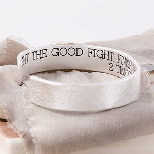 Men's Sterling Silver Engraved Heavy Cuff Bracelet | Finish the Race | 2 Timothy 4:7