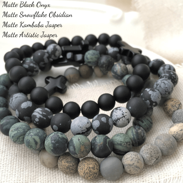 Men's Natural Stone Bracelet with Black Onyx Gemstone Cross