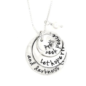 Sterling Silver Hand-Stamped Necklace | Pray - Seek Peace - Let Hope Rise - And Darkness Tremble | Four Stack Charms