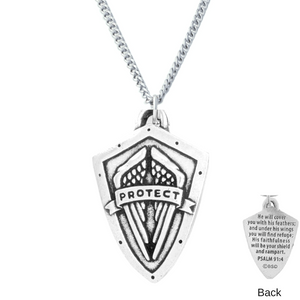 Handcrafted Fine Pewter Protect Shield Necklace | Psalm 91:4
