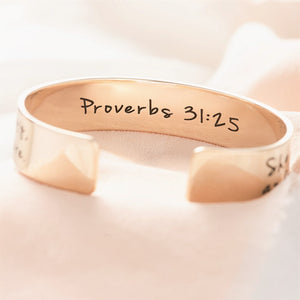 Proverbs 31:25 Engraved Gold Brass Cuff Bracelet