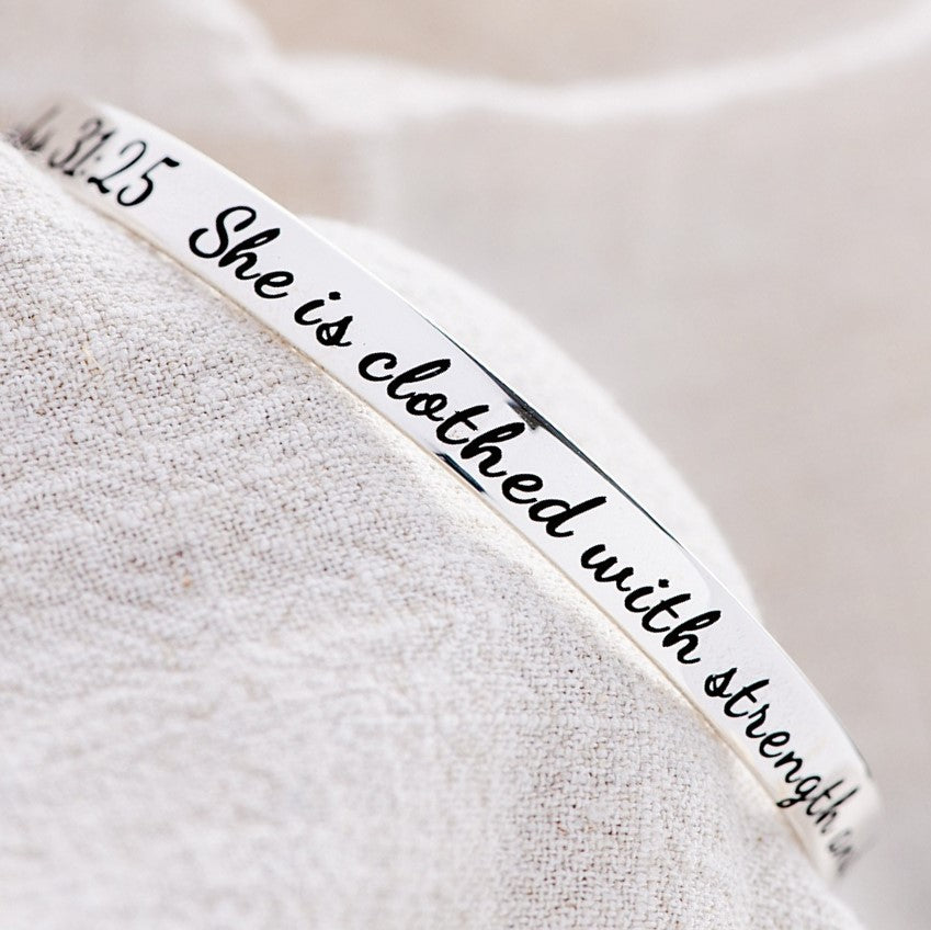 Proverbs 31:25 Sterling Silver Bangle Bracelet | Strength and Dignity