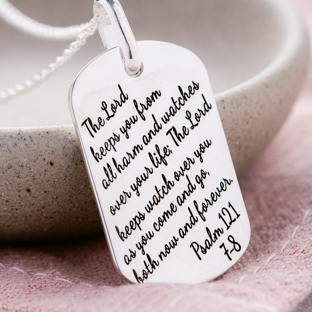 Sterling Silver Dog Tag Pendant Necklace | Psalm 121:7-8 | The Lord Keeps You From All Harm