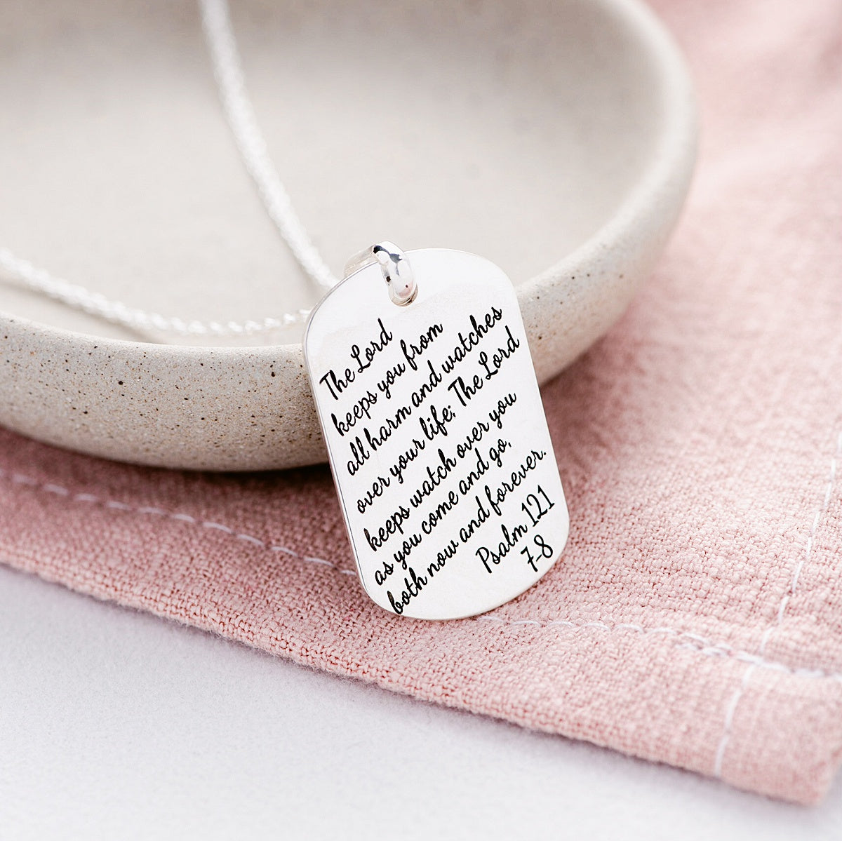 Sterling Silver Dog Tag Pendant Necklace | Psalm 121:7-8 | The Lord Keeps You From All Harm
