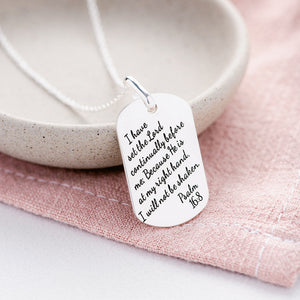 Sterling Silver Dog Tag Pendant Necklace | Psalm 16:8 | I Will Not Be Shaken