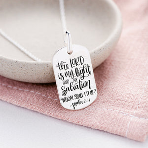 Sterling Silver Dog Tag Pendant Necklace | Psalm 27:1 | The Lord is My Light