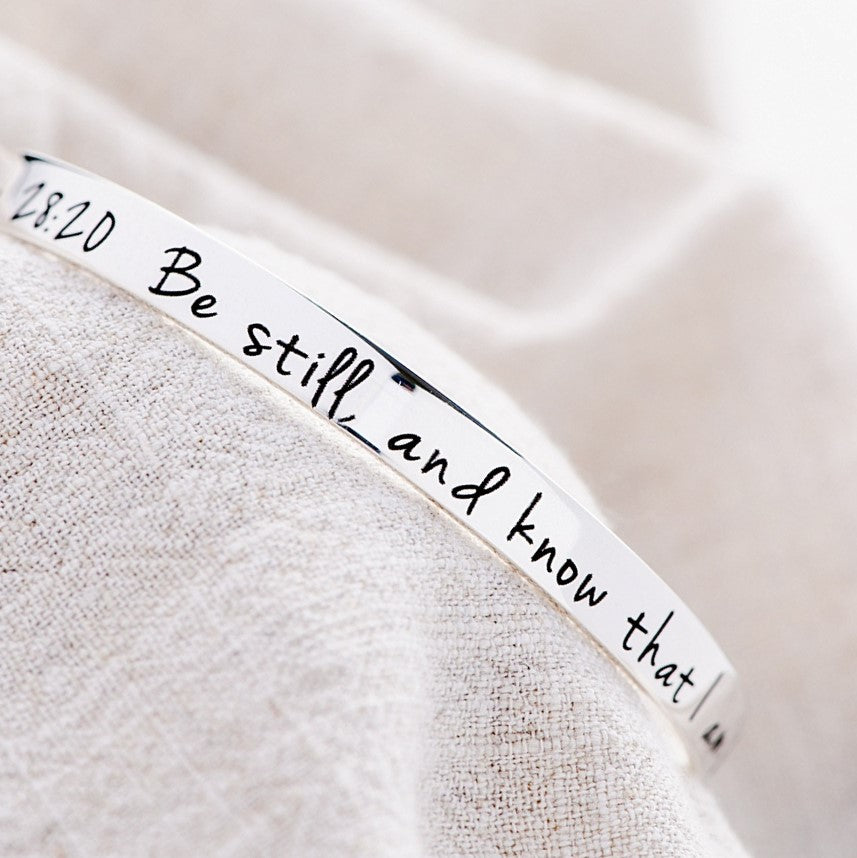 Sterling Silver Scripture Bangle Bracelet | Be Still Psalm 46:10 | With You Always Matthew 28:20