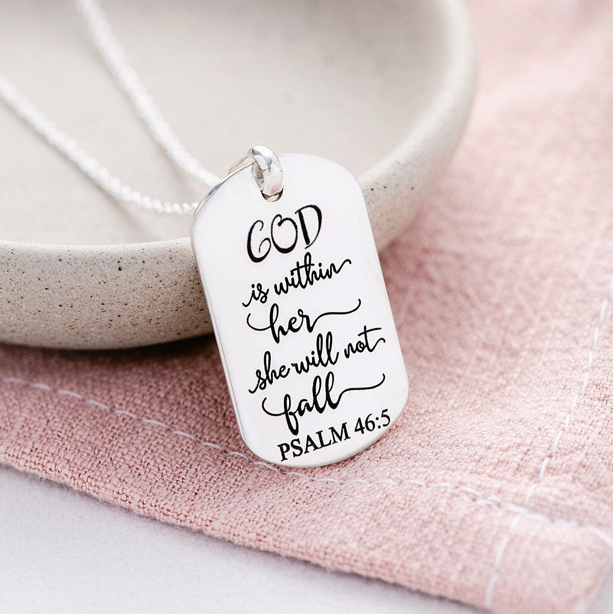Sterling Silver Dog Tag Pendant Necklace | Psalm 46:5 | God is Within Her
