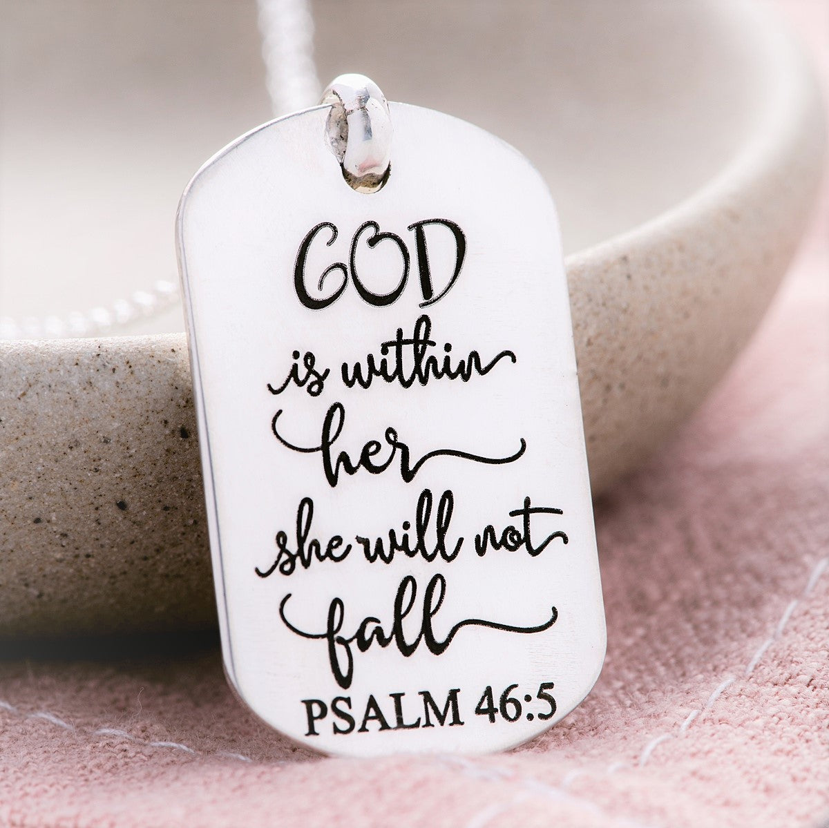 Sterling Silver Dog Tag Pendant Necklace | Psalm 46:5 | God is Within Her