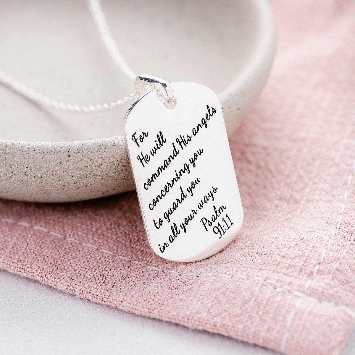 Sterling Silver Dog Tag Pendant Necklace | Psalm 91:11 | Angels Guard You