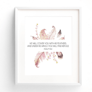 He Will Cover You With His Feathers Bible Verse Watercolor Art Print | Psalm 91:4