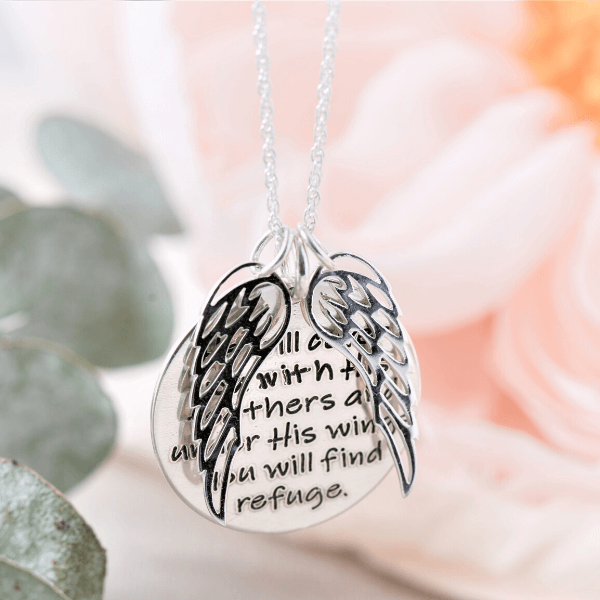 Psalm 91:4 Sterling Silver Engraved Scripture Verse Necklace | Feathers