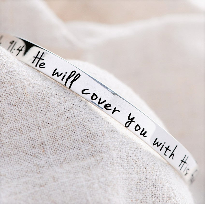 Psalm 91:4 Sterling Silver Bangle Bracelet | He Will Cover You With His Feathers