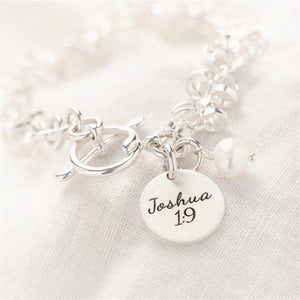 Sterling Silver Ringlet Charm Bracelet | Engraved Scripture & Freshwater Pearl Charms | Custom Options Available