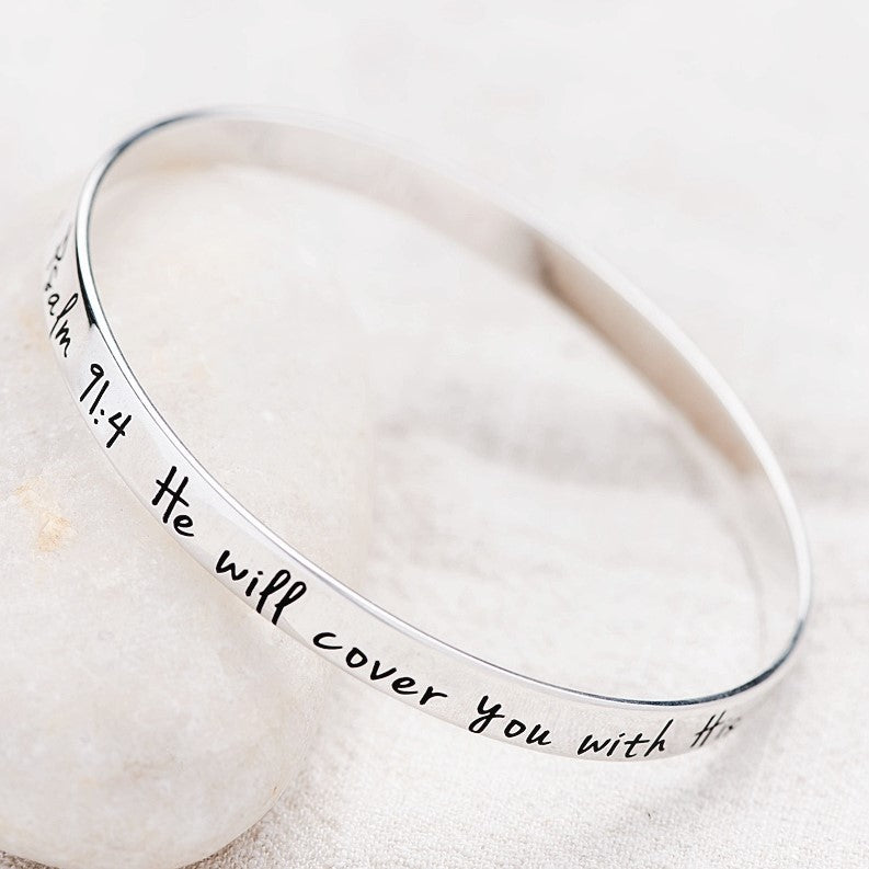 Psalm 91:4 Sterling Silver Bangle Bracelet | He Will Cover You With His Feathers
