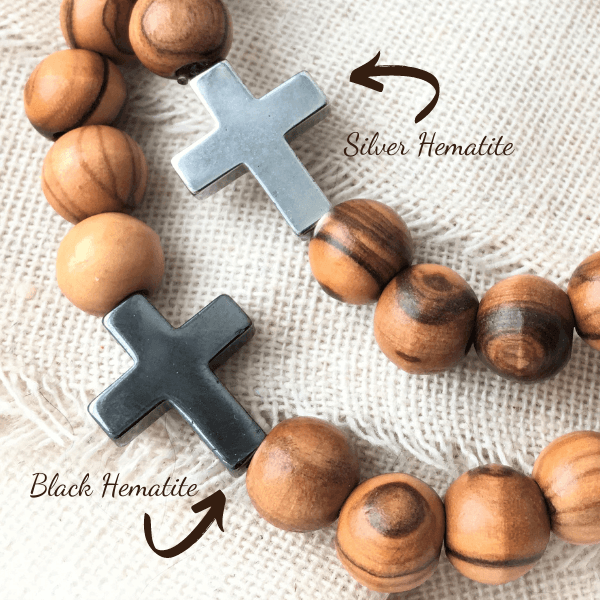 Men's Holy Land Olive Wood Bracelet with Silver or Black Hematite Cross