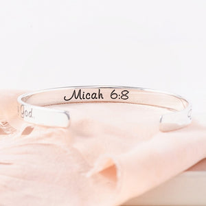 Micah 6:8 Engraved Scripture Verse Cuff Bracelet | Sterling Silver or 14k Gold