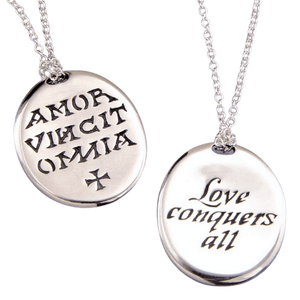 Love Conquers All Sterling Silver Necklace | English & Latin Inscription