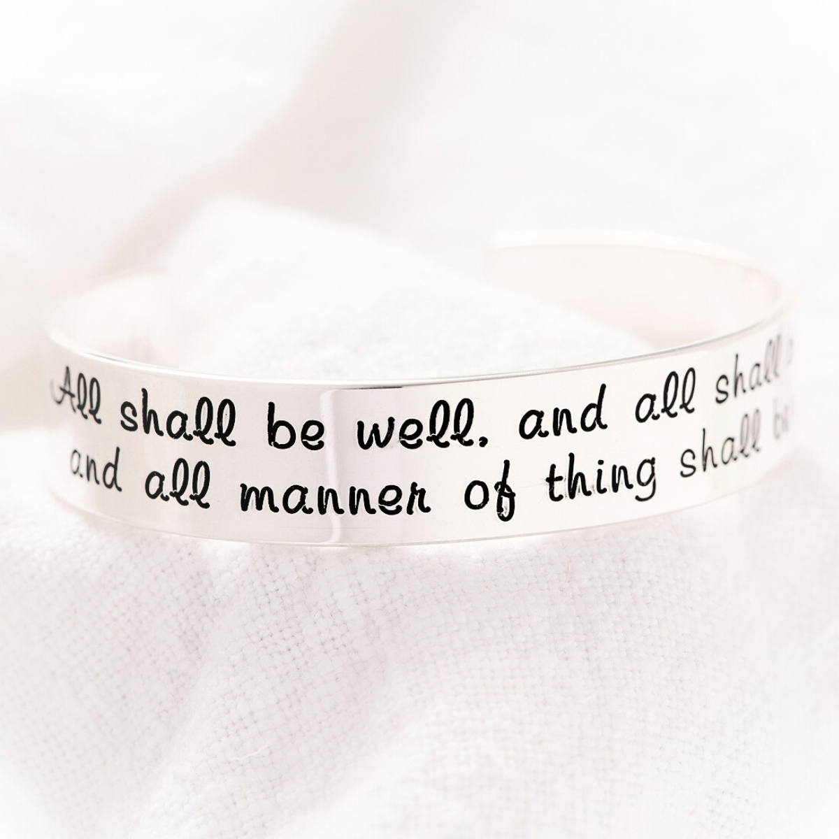 All Shall Be Well Engraved Cuff Bracelet | Julian of Norwich | Sterling Silver or 14k Gold