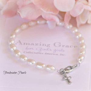 Amazing Grace Freshwater Pearl Children's Bracelet with Cross Charm | 6 1/2"