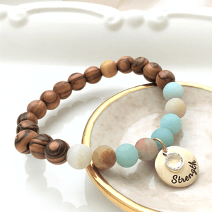 Amazonite & Holy Land Olive Wood Bracelet - Choose Your Charm