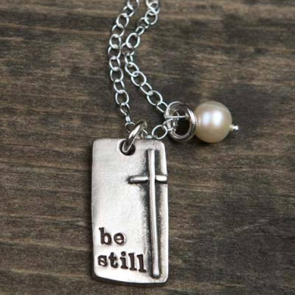 The Vintage Pearl Hand-Stamped Pewter Necklace | Be Still | Cross