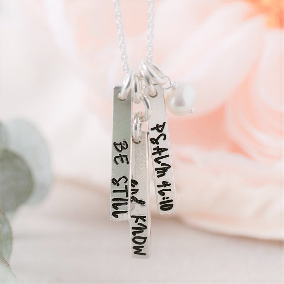 Sterling Silver Be Still & Know Vertical Bar Necklace | Psalm 46:10