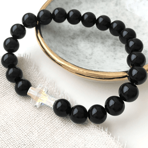 Black Onyx & Swarovski Crystal Cross Bead Bracelet | AAA Natural Gemstones