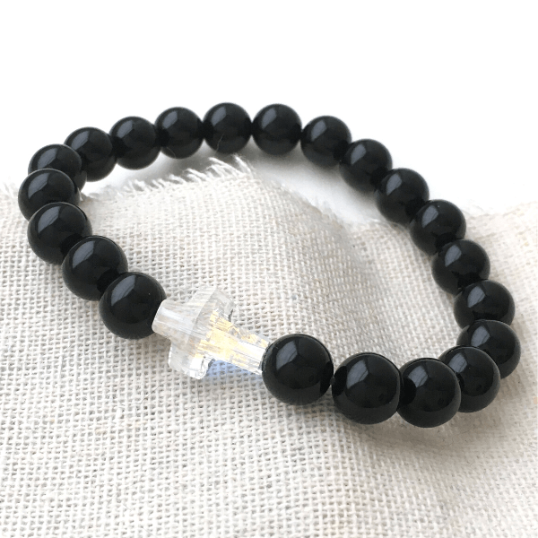 Black Onyx & Swarovski Crystal Cross Bead Bracelet | AAA Natural Gemstones