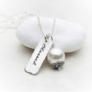 Sterling Silver and Pearl Hand-Stamped Blessed Necklace