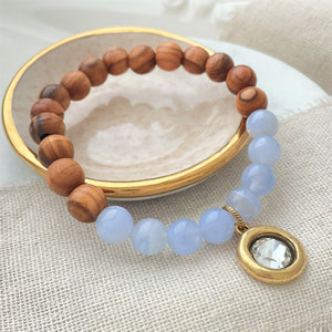 Holy Land Olive Wood & Blue Lace Agate Gemstone Bead Bracelet | Custom Options Available