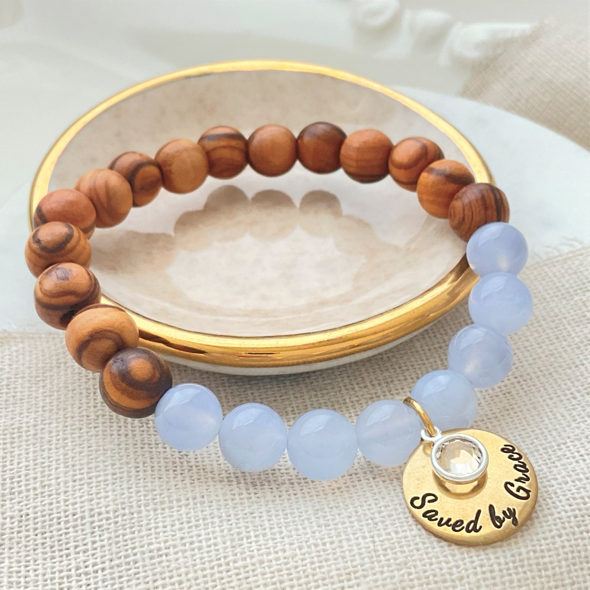 Holy Land Olive Wood & Blue Lace Agate Gemstone Bead Bracelet | Custom Options Available
