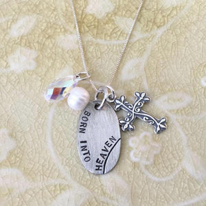 Born Into Heaven Miscarriage Memorial Necklace | Sterling Silver, Fine Pewter, Swarovski Crystal, & Freshwater Pearl