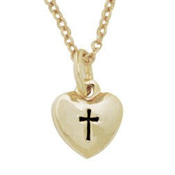 Gold Plated Children's Cross Necklace - Puffy Heart