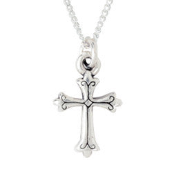 Sterling Silver Children's Cross Necklace - Fleur Engraved