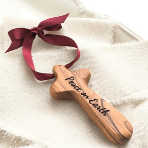 Holy Land Olive Wood Bethlehem Cross Christmas Ornament | Free Personalization & Custom Engraving Available