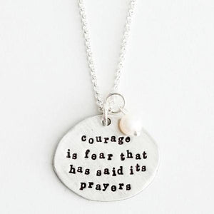 The Vintage Pearl Hand-Stamped Necklace | Courage is Fear That Has Said its Prayers