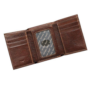 Brown Genuine Leather Men's Tri-Fold Wallet with Embossed Cross