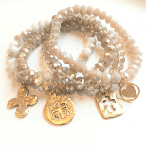 Crystal Bracelet Stack with Gold Cross Charms