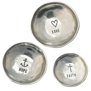 Set of Three Handcrafted Pewter Ring Dishes | Faith Hope Love
