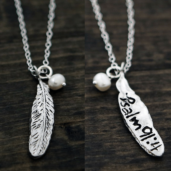 The Vintage Pearl Scripture Verse Necklace | Feather of Refuge | Psalm 91:4 |  Double Sided