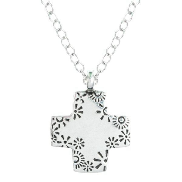 Fine Pewter Square Floral Cross Necklace