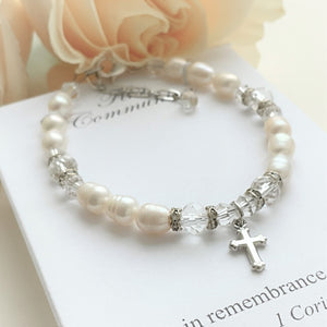 Freshwater Pearl and Swarovski Crystal Children's First Communion Bracelet with Cross Charm | 6"